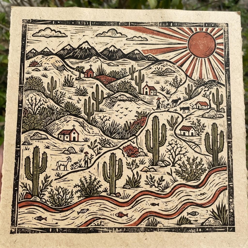 Mapa ilustrado do sertão em estilo xilogravura de cordel